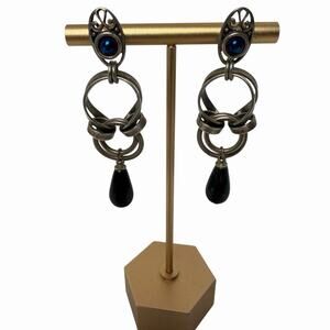 Silver Black Onyx and Blue Iridescent Stone Pierced Dangle Drop Earrings Goth